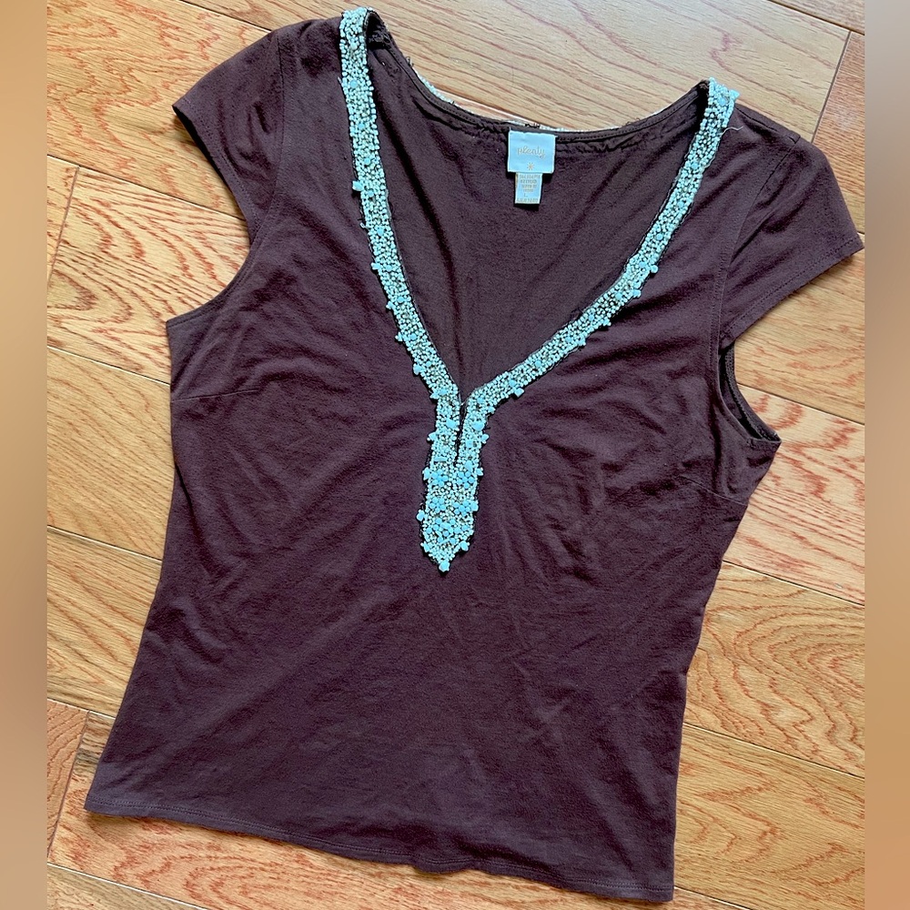 Anthropologie Plenty by Tracy Reese brown beaded v neck size large